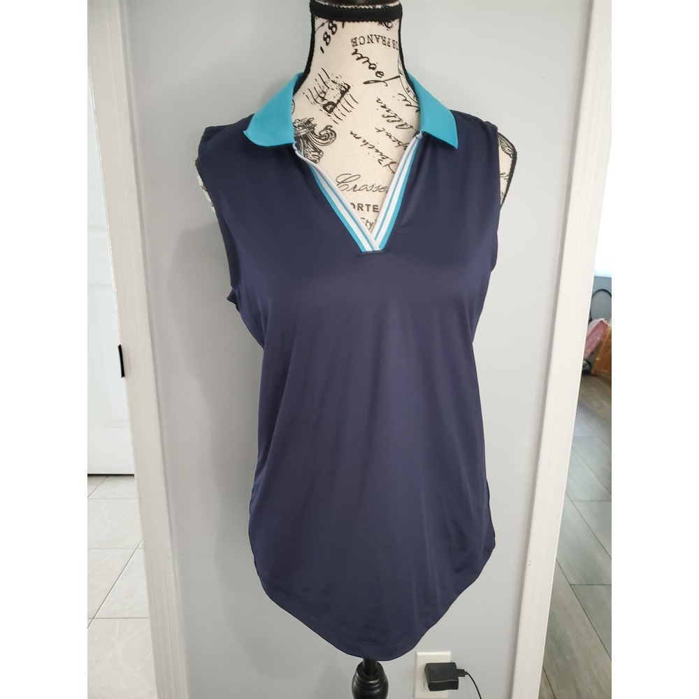 Tommy Bahama Golf Sleeveless Polo Shirt Navy Blue Turquoise V-Neck Womens Medium
